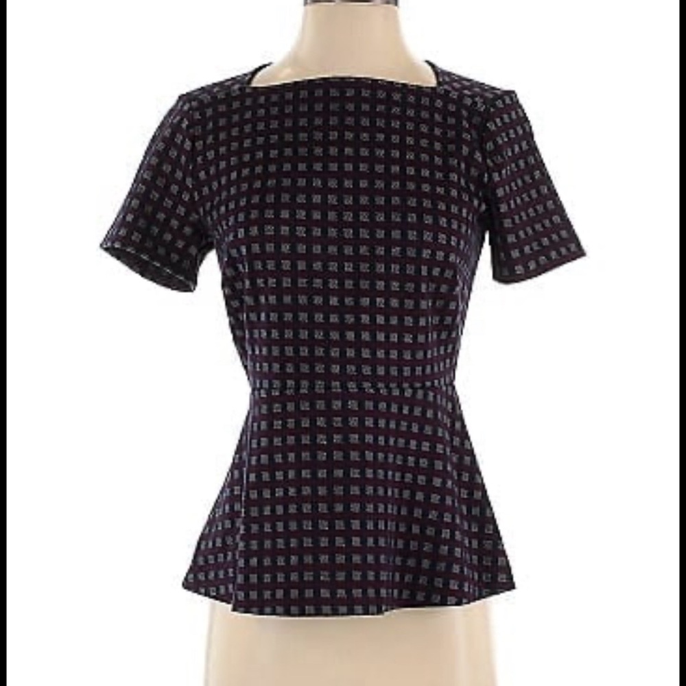 Ann Taylor Navy and Light Blue Checked Peplum Blouse